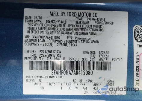 2010 Ford Fusion из США, поврежденный, VIN 3FAHP0HA7AR412080